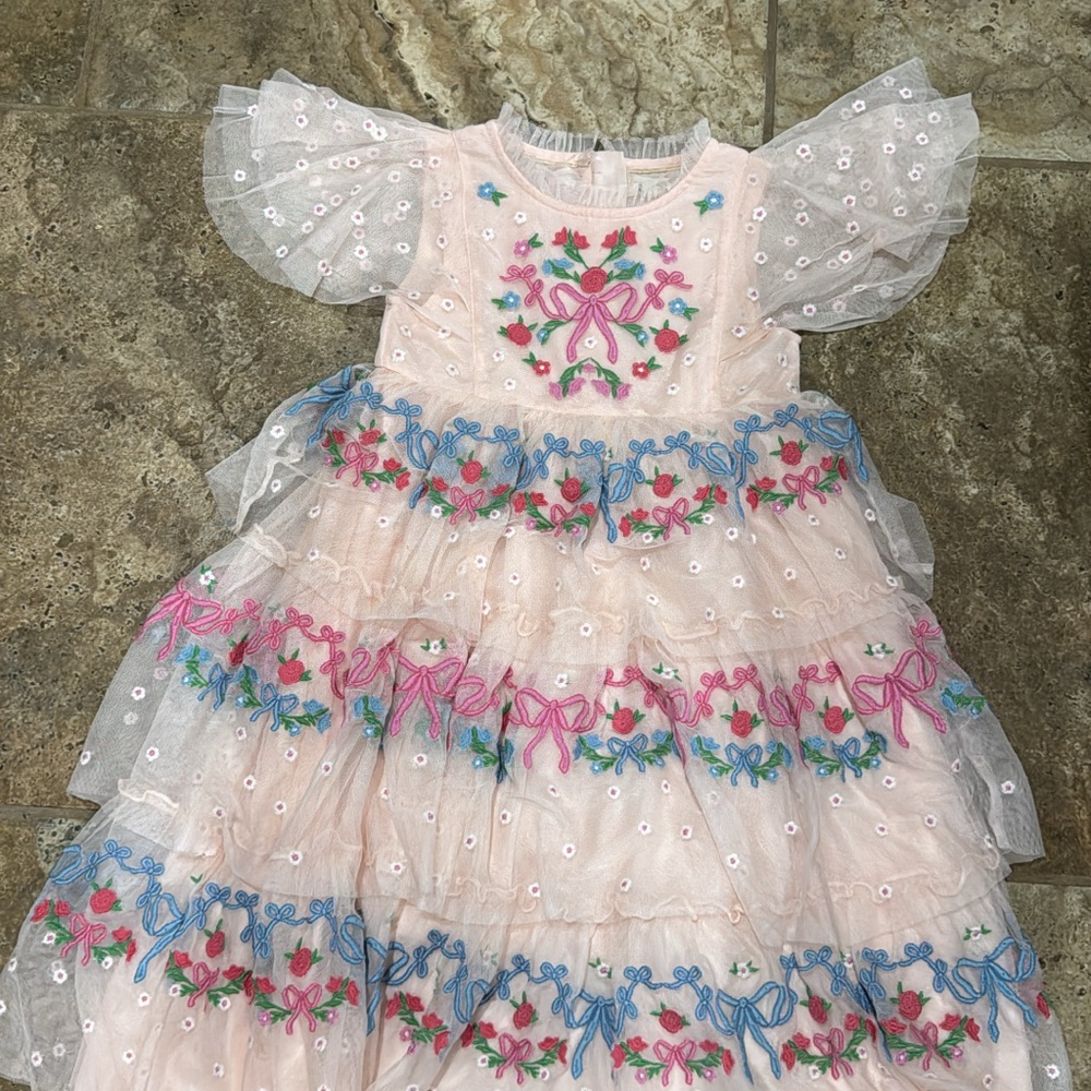 Mini Boden Pink and Blue Bow Embroidered Tulle Kids Dress